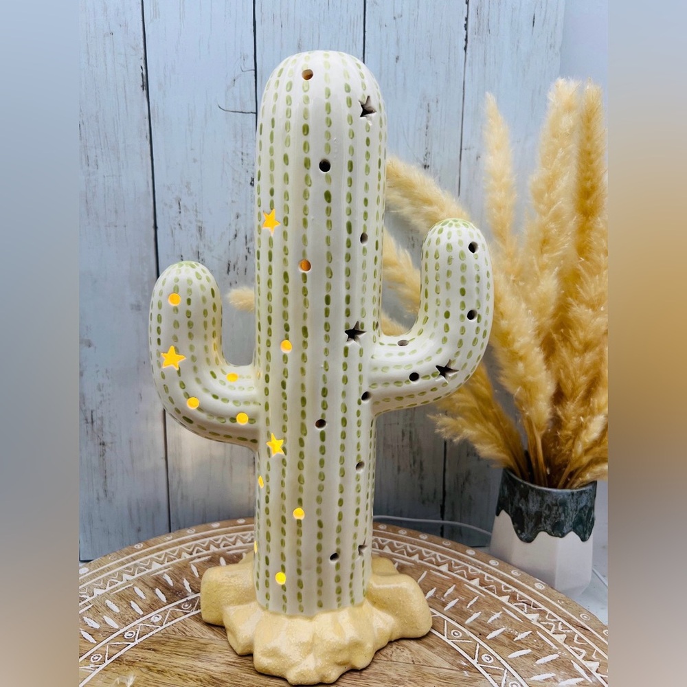 15” Light-Up Corded Ceramic Cactus Lamp in Cream/Sage Green - Picture 3 of 15